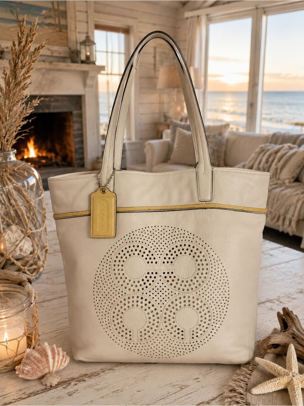 Coach Audrey Leigh 2011 Cream Leather Perforated Tote with Yellow Trim and Tag .